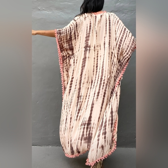 2 FOR $50 NEW Summer Bohemian Tie-Dye Kimono with Pink Pom Pom Trim (#1,290) - Picture 2 of 5